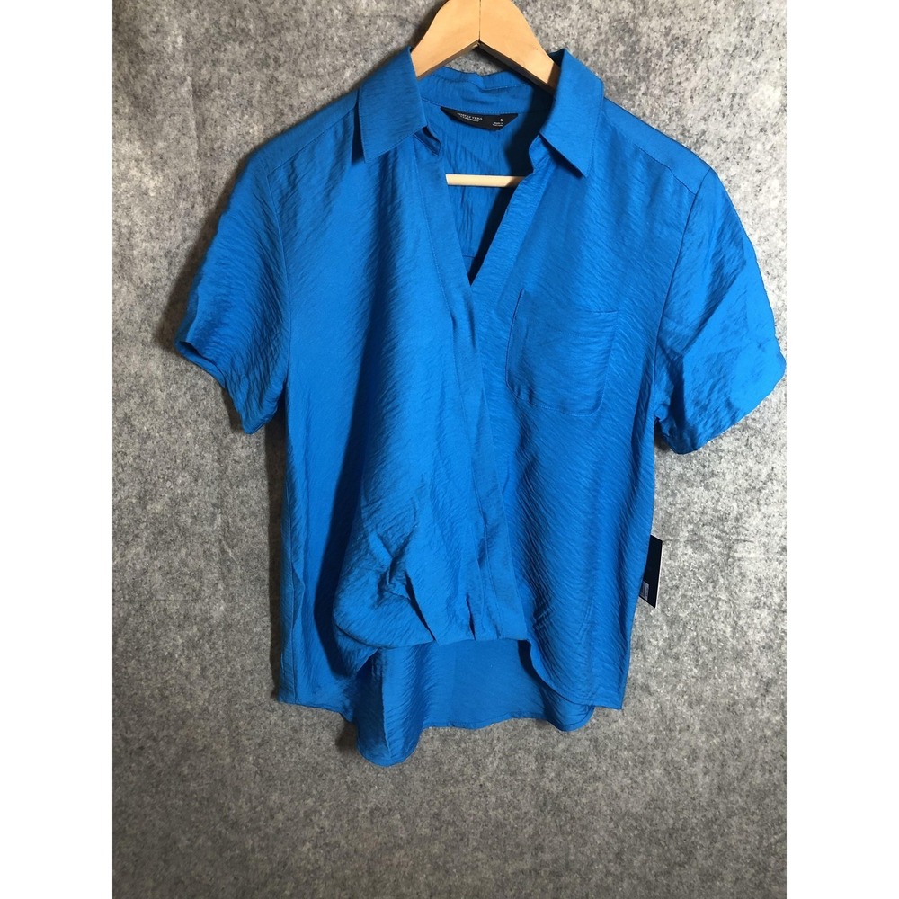 Simply Vera Vera Wang Blouse Womens Small Blue Crinkle Short Sleeve High Low